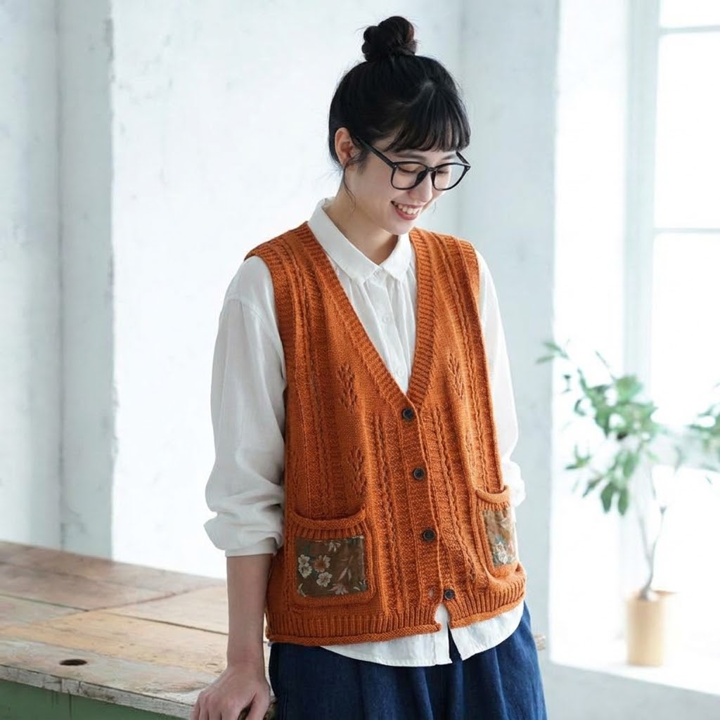 切り替え レトロ シングルブレスト Vネック ノースリーブ ベスト