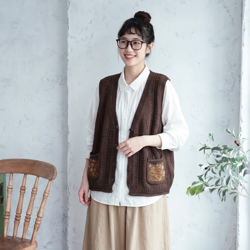 切り替え レトロ シングルブレスト Vネック ノースリーブ ベスト