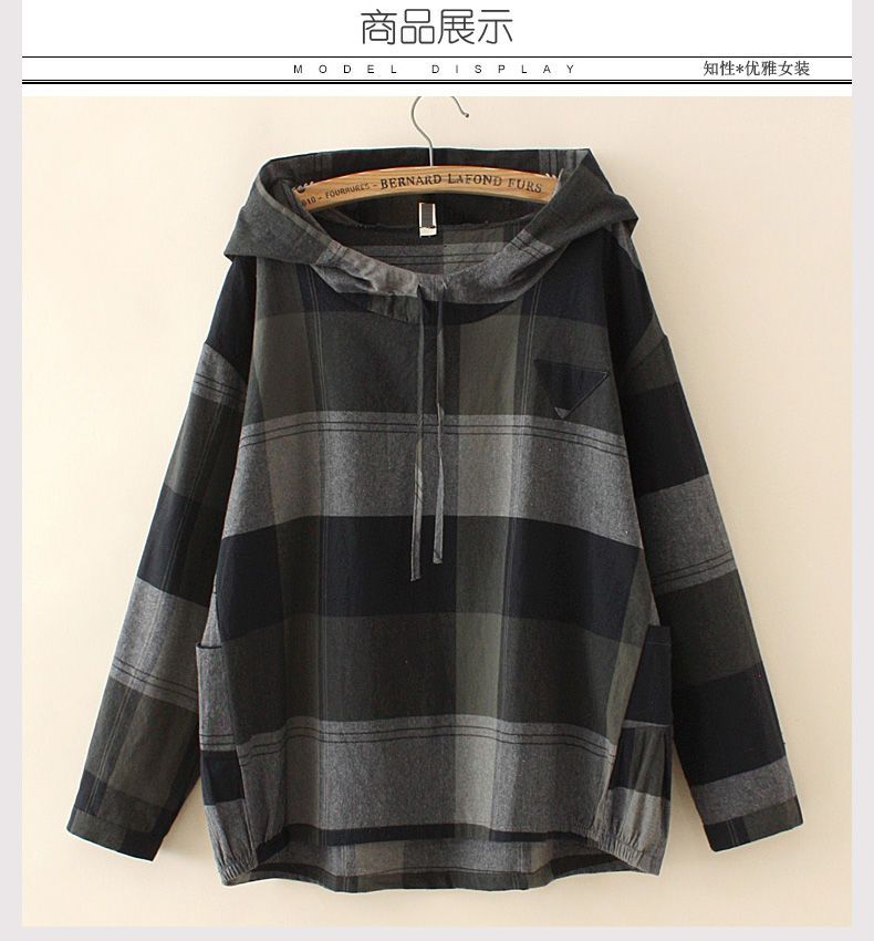 XL～4XL チェック柄 長袖 フード付き Tシャツ