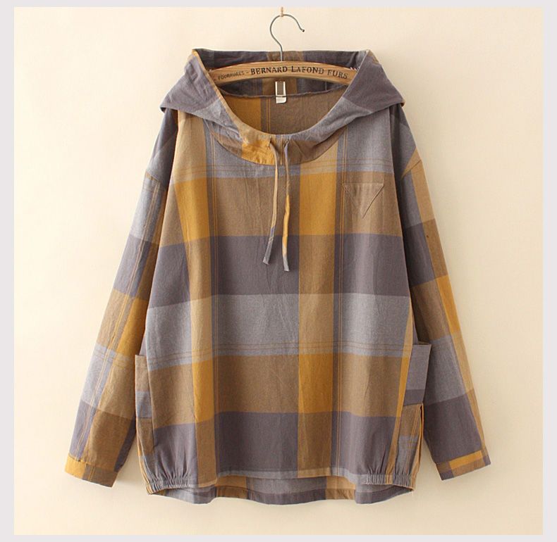 XL～4XL チェック柄 長袖 フード付き Tシャツ