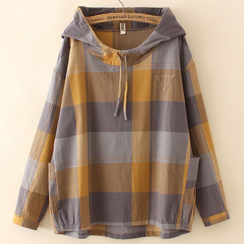 XL～4XL チェック柄 長袖 フード付き Tシャツ