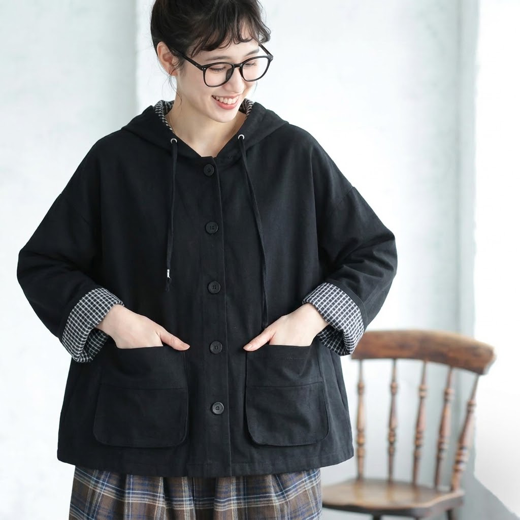チェック柄 無地 フード付き シングルブレスト 長袖 トレンチコート