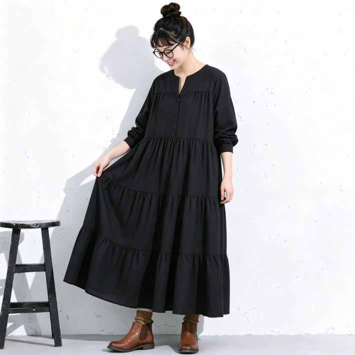 M～4XL ティアードデザイン バルーンスリーブ ロング丈 ワンピース