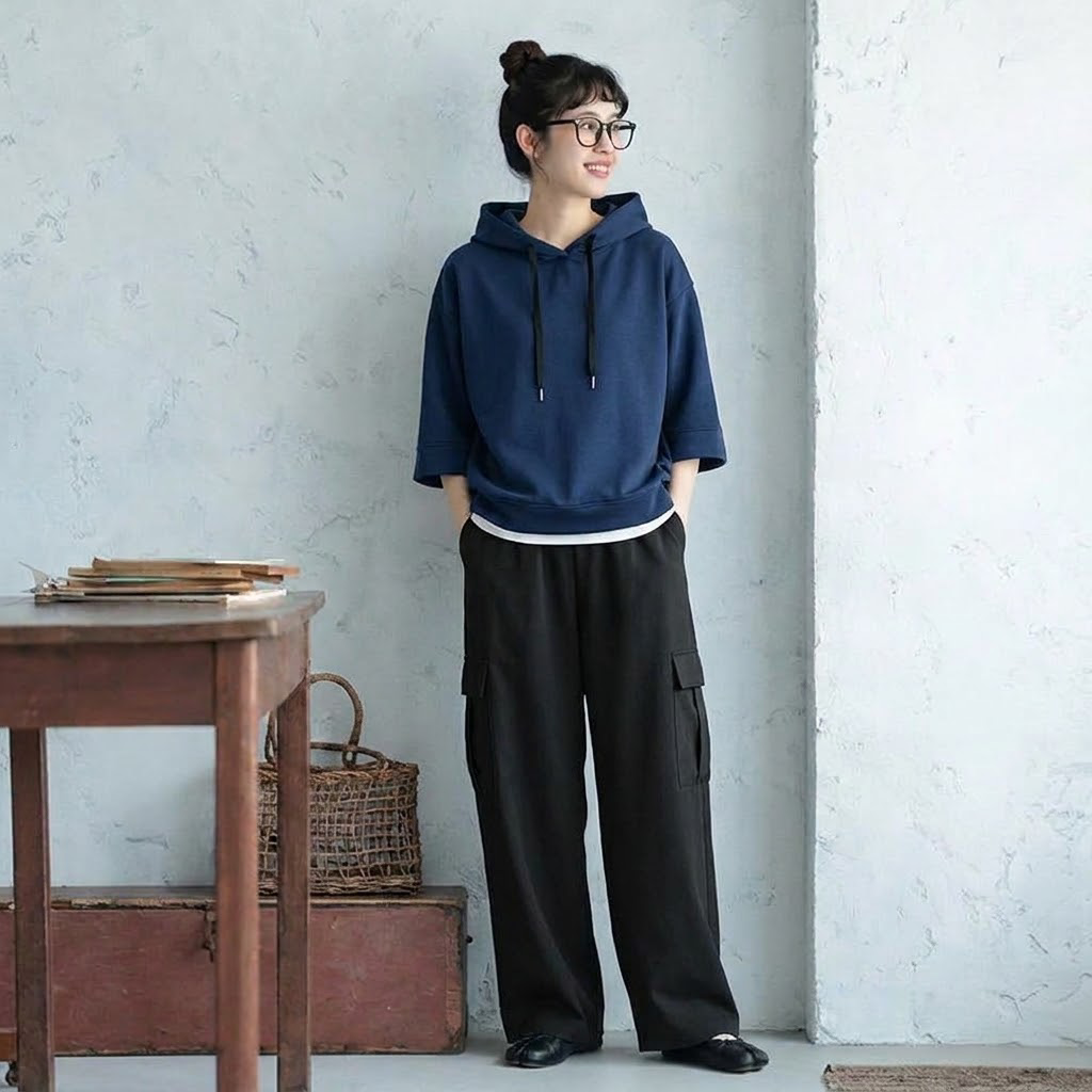 七分袖フードトップス＆ロングパンツ 単品・2点セット