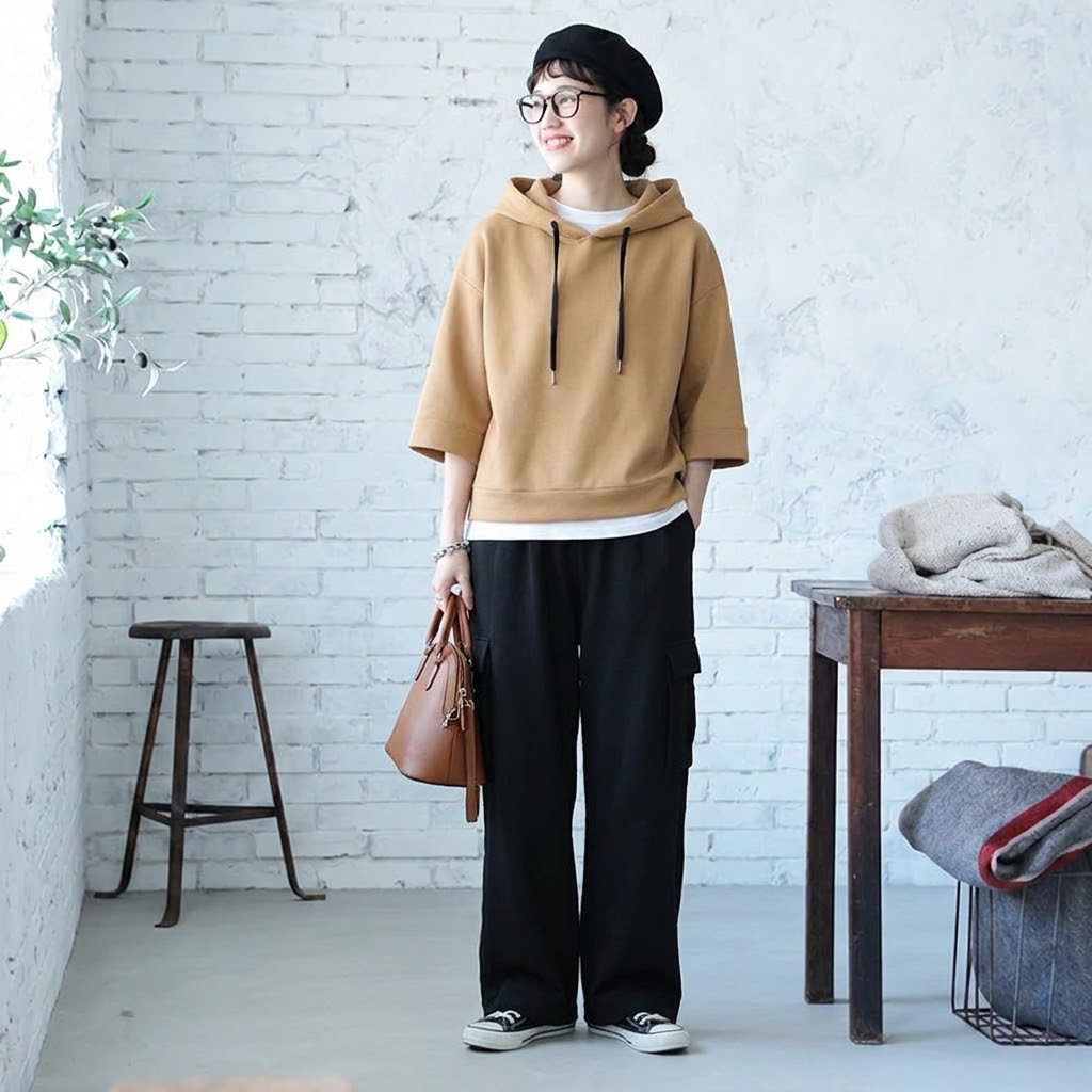 七分袖フードトップス＆ロングパンツ 単品・2点セット