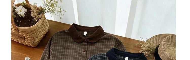 チェック柄 配色 レトロ パフカラー 長袖 ボタン開き シャツ