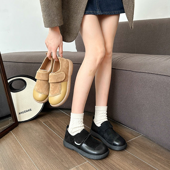 足が疲れない レトロ 切り替え ヌバック ローヒール パンプス
