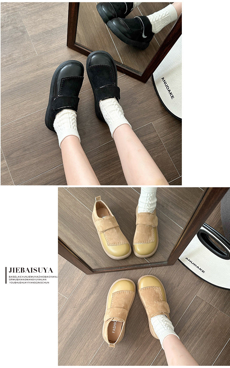 足が疲れない レトロ 切り替え ヌバック ローヒール パンプス