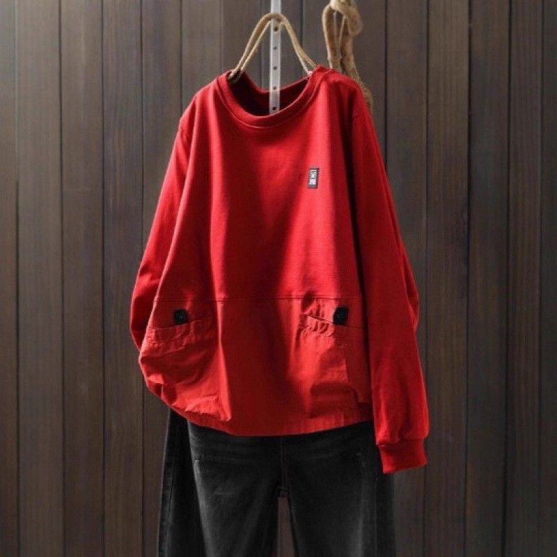 ラウンドネック ワッペン 切り替えデザイン ポケット付き 長袖Ｔシャツ