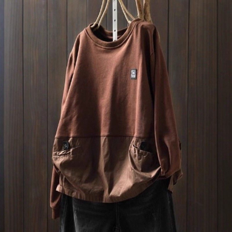 ラウンドネック ワッペン 切り替えデザイン ポケット付き 長袖Ｔシャツ
