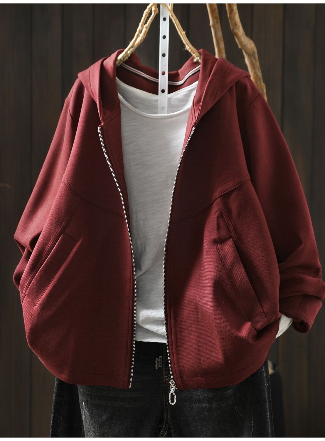 L～5XL フード付き 前開きポケット付き ゆったりシルエット 長袖ジャケット