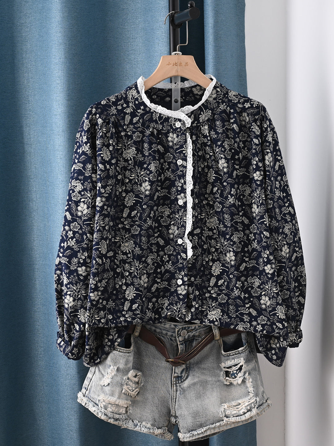 花柄 レース 長袖 プリント シャツ