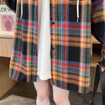フード付き ボタン チェック柄 長袖 シャツ