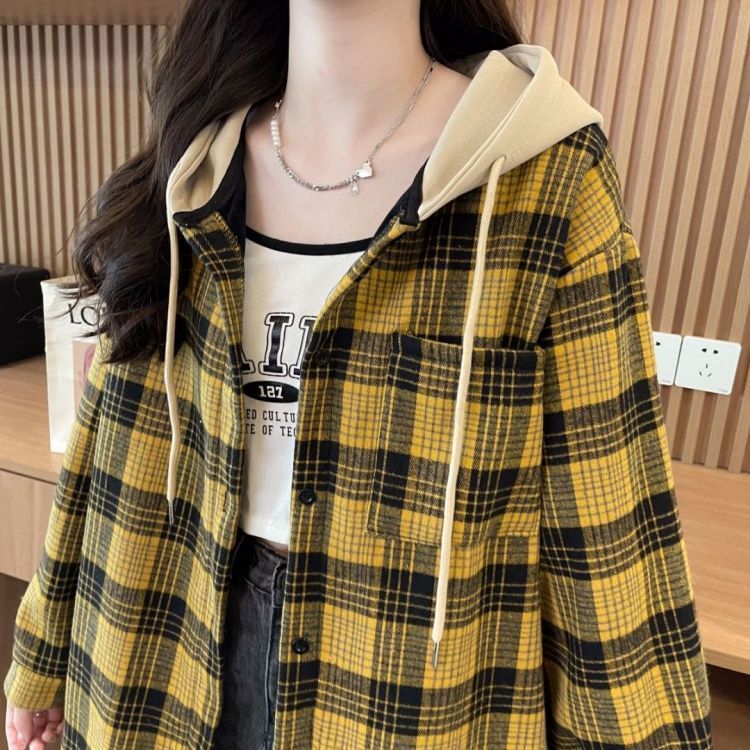 フード付き ボタン チェック柄 長袖 シャツ