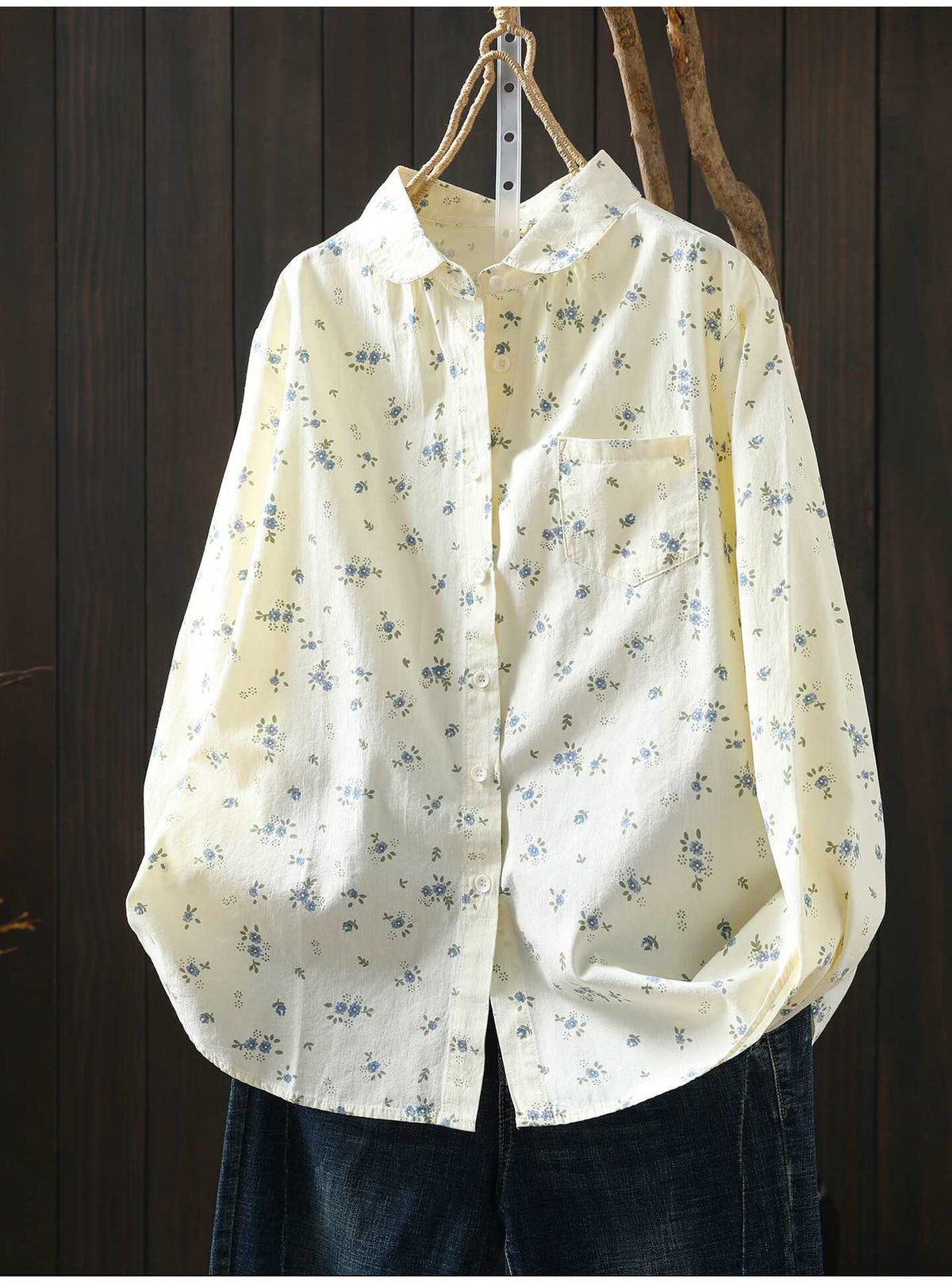 ポケット付き 花柄 ボタン 長袖 シャツ