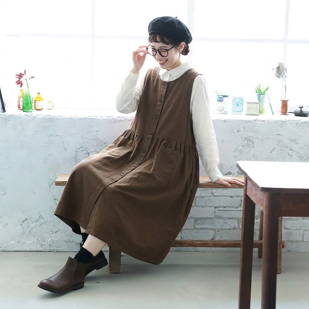 前ボタン ポケット付き ノースリーブ ギャザー ワンピース