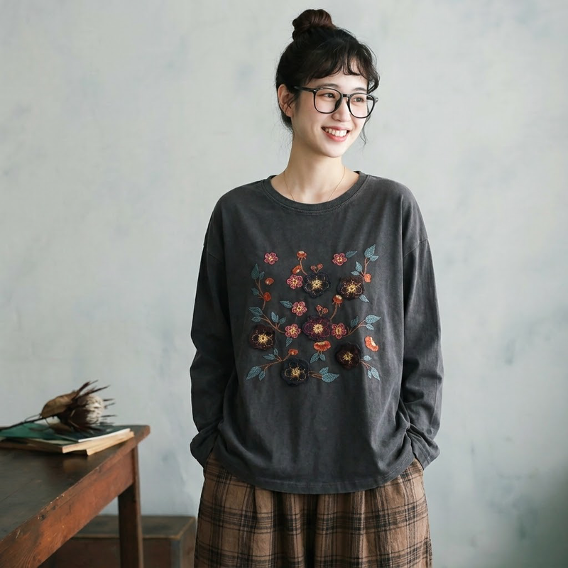 プリント 長袖 ラウンドネック Tシャツ