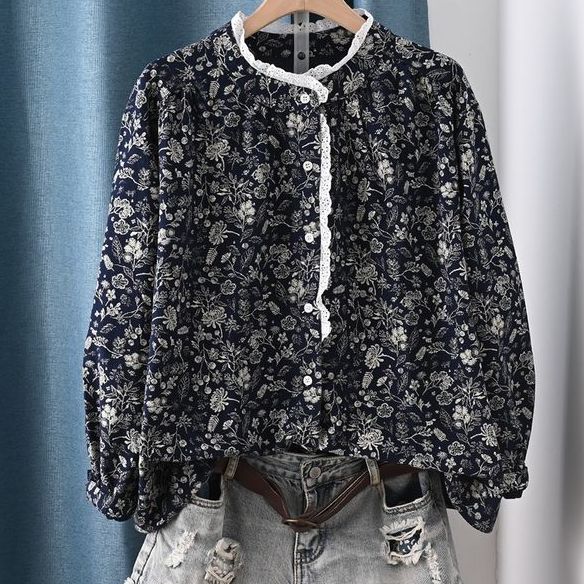 花柄 レース 長袖 プリント シャツ