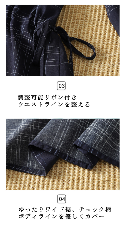 チェック柄 レースディテール ロング丈 ワンピース