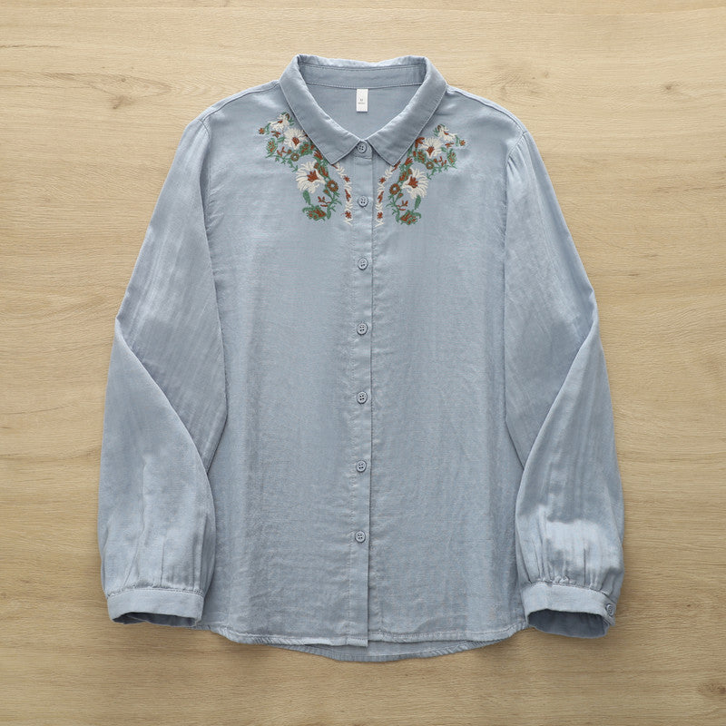 無地 長袖 刺繍 花模様 シャツ
