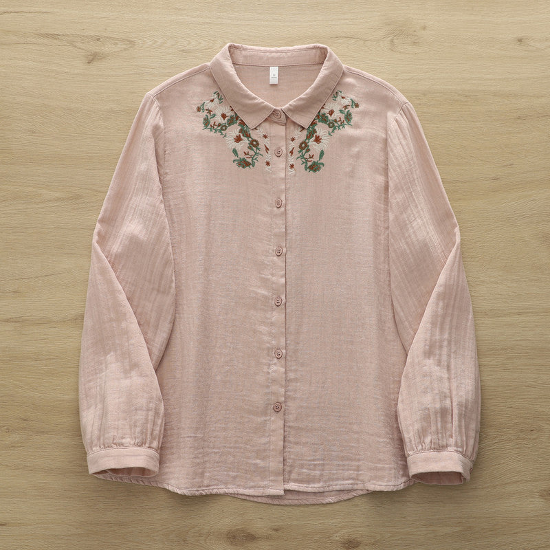 無地 長袖 刺繍 花模様 シャツ