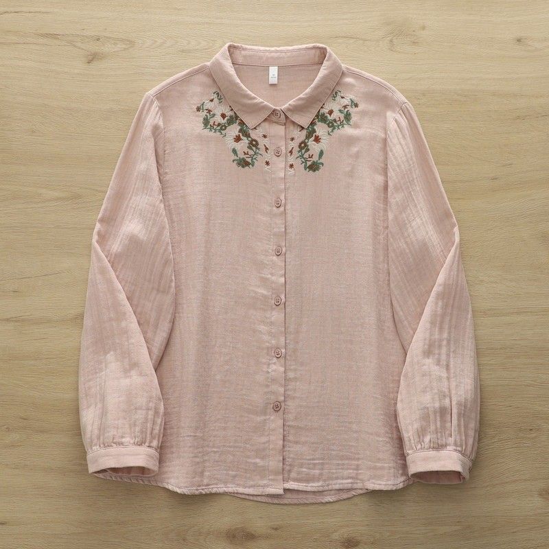 無地 長袖 刺繍 花模様 シャツ