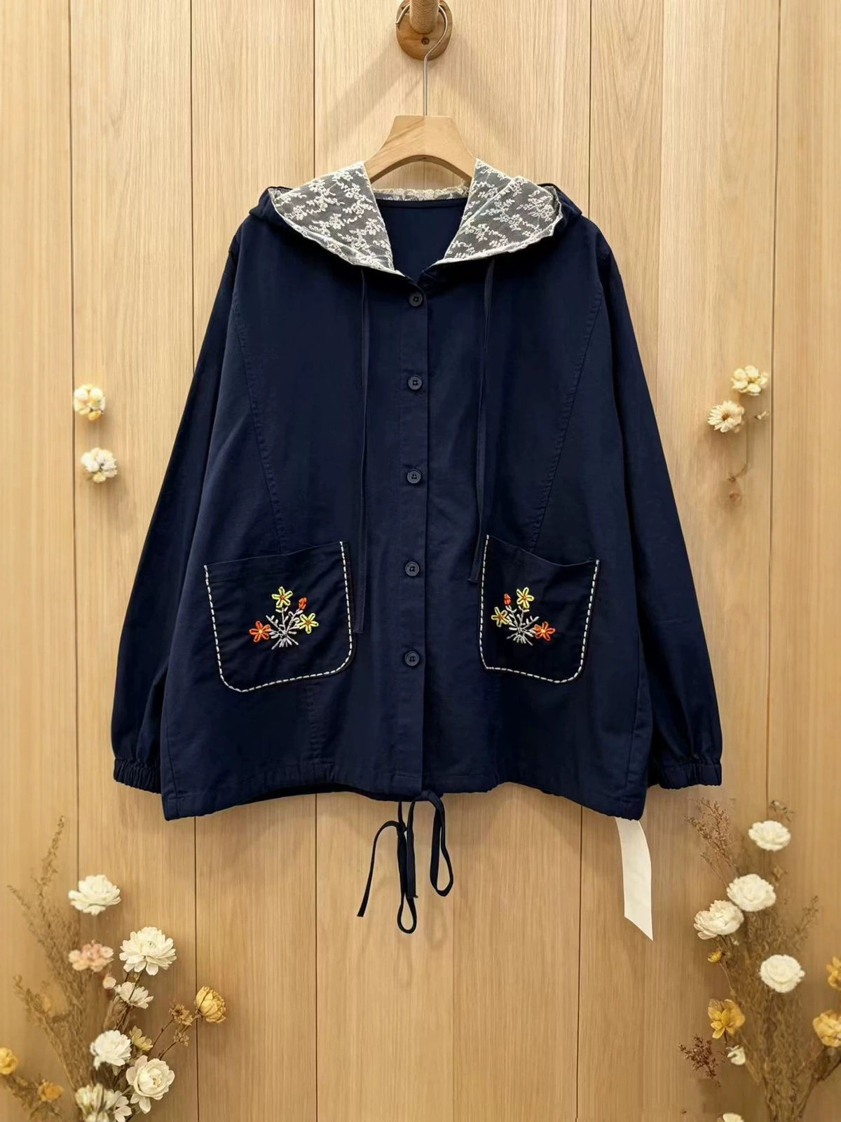 長袖 刺繍 花模様 植物 シャツ