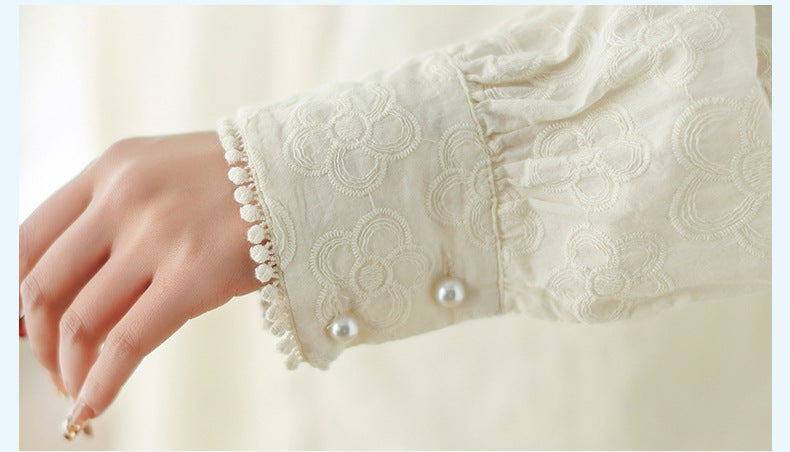 長袖 無地 刺繍 スウィート スタンドネック ボタン開き シャツ