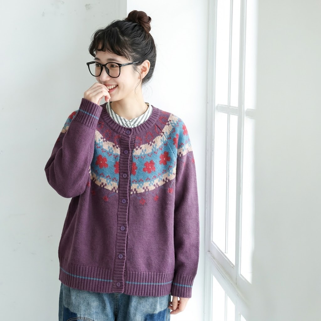 インスタで 長袖 花模様 ラウンドネック カーディガン