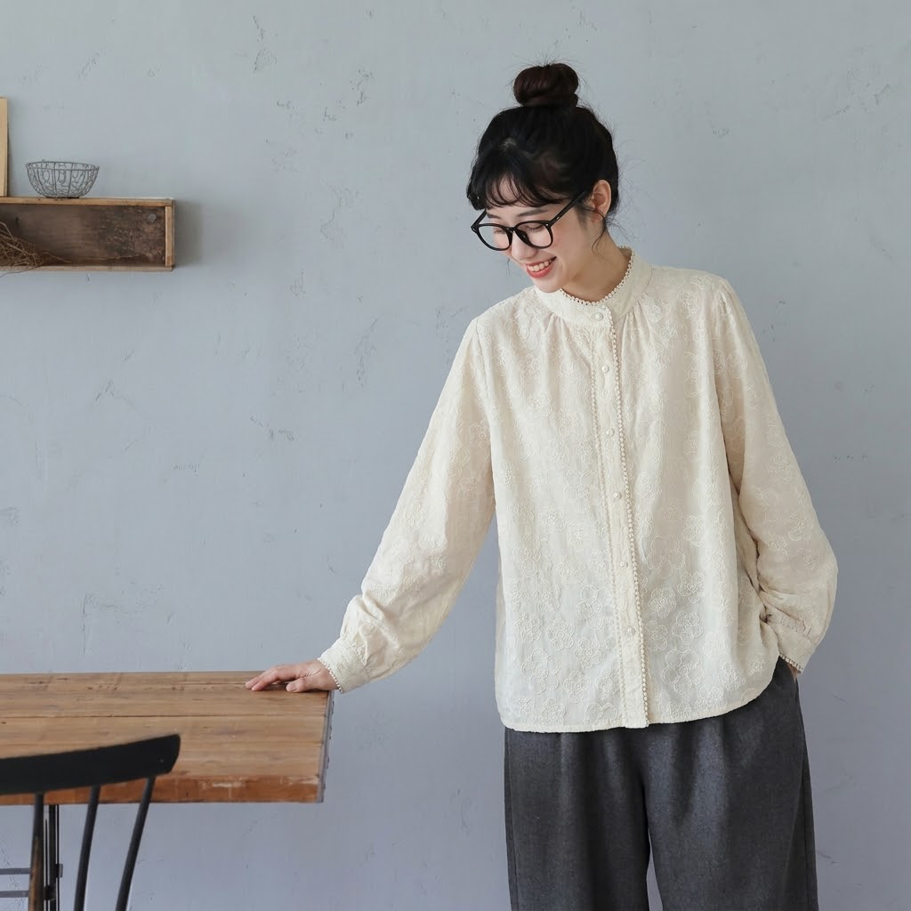 長袖 無地 刺繍 スウィート スタンドネック ボタン開き シャツ