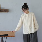 長袖 無地 刺繍 スウィート スタンドネック ボタン開き シャツ