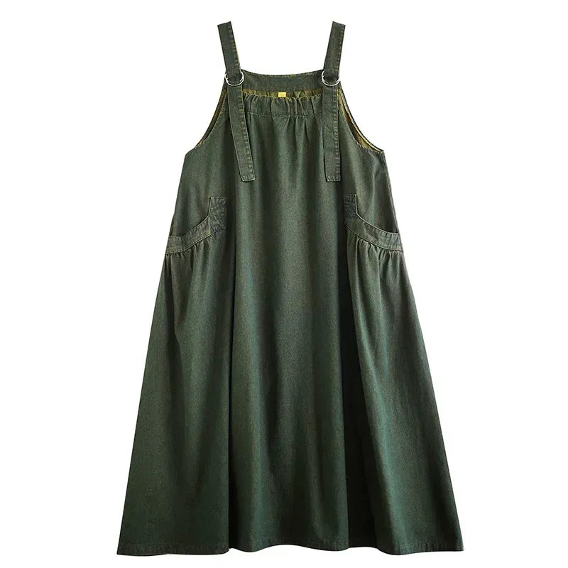 デニム サロペット ギャザー ロングワンピース