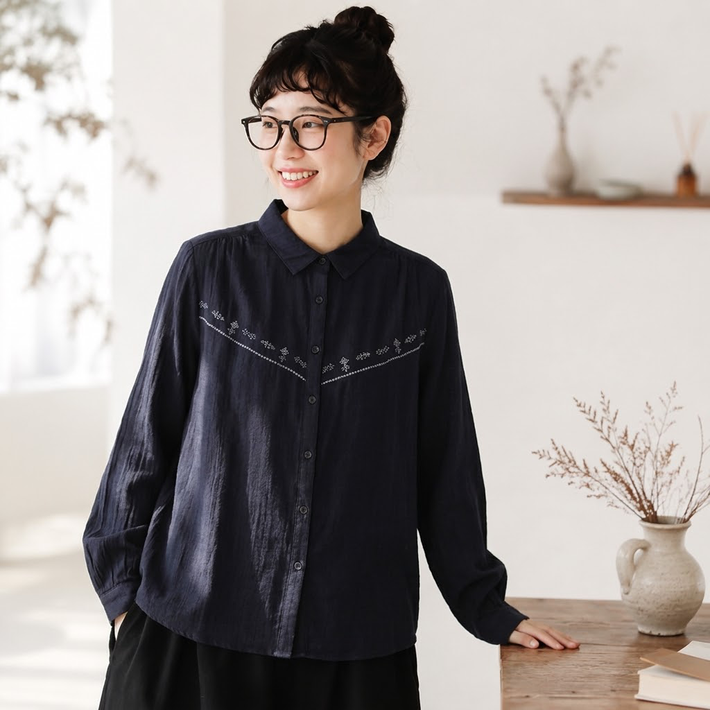 コットン 無地 刺繍 シャツ