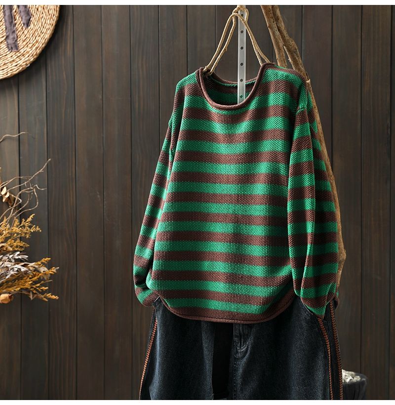 S～4XL ボーダー 長袖 ラウンドネック 配色 ニットセーター