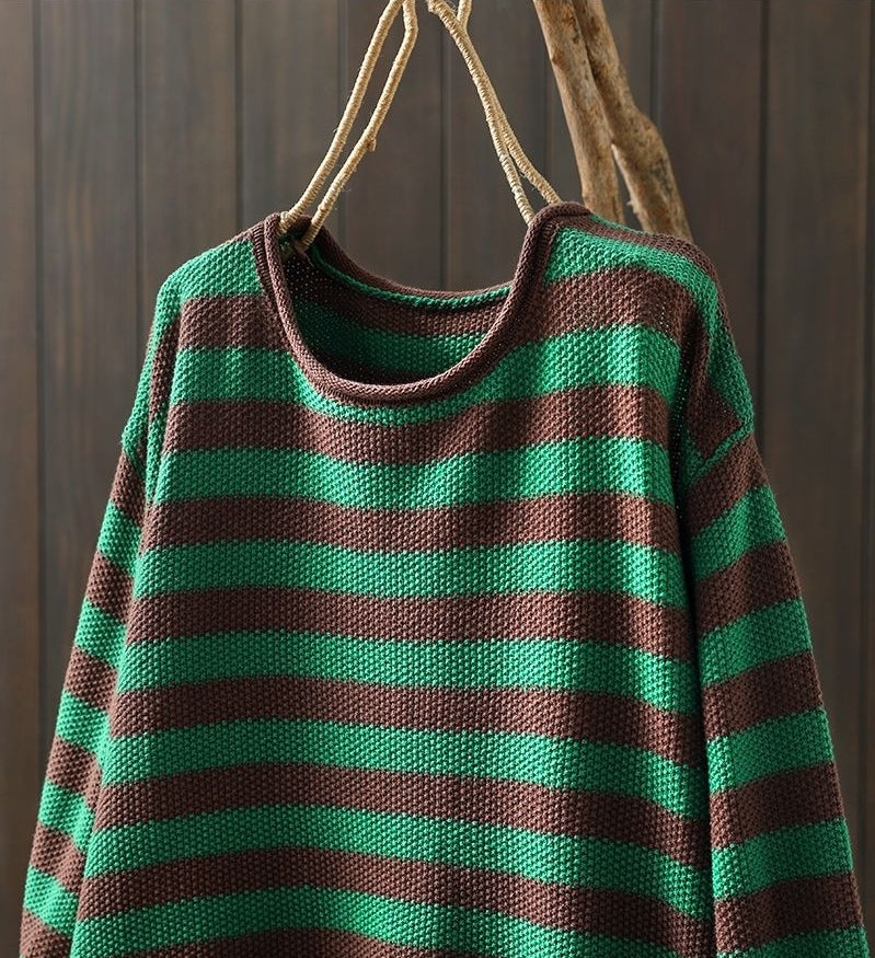S～4XL ボーダー 長袖 ラウンドネック 配色 ニットセーター