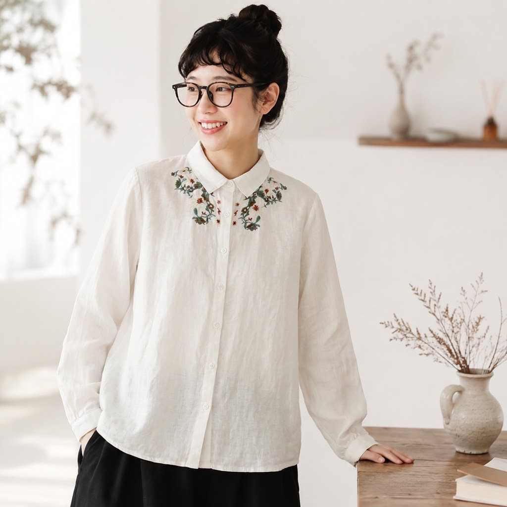 無地 長袖 刺繍 花模様 シャツ