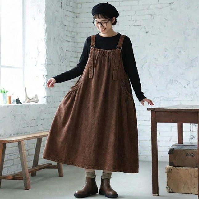 デニム サロペット ギャザー ロングワンピース