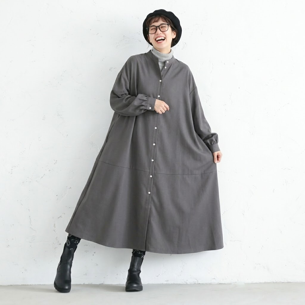 シングルブレスト 長袖 スタンドネック Aライン ワンピース