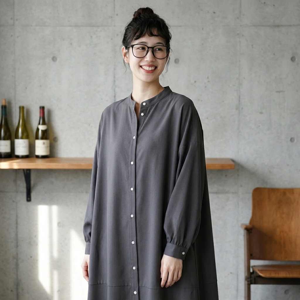 シングルブレスト 長袖 スタンドネック Aライン ワンピース