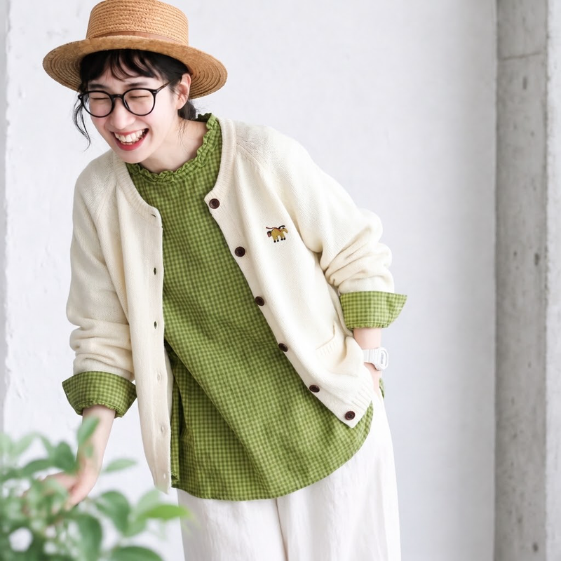 無地 ボタン 刺繍 長袖 カーディガン