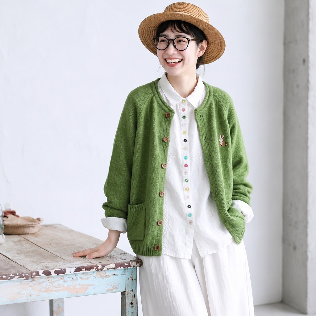 無地 ボタン 刺繍 長袖 カーディガン