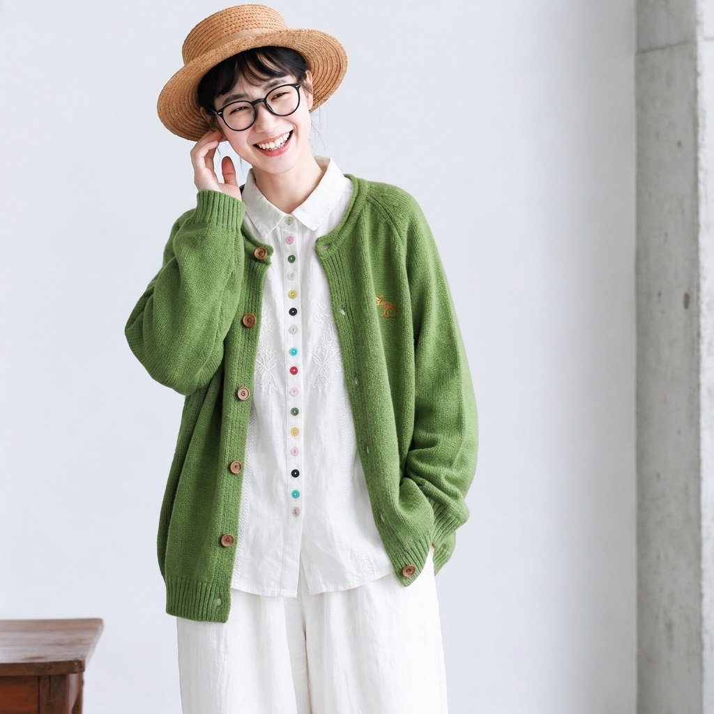無地 ボタン 刺繍 長袖 カーディガン