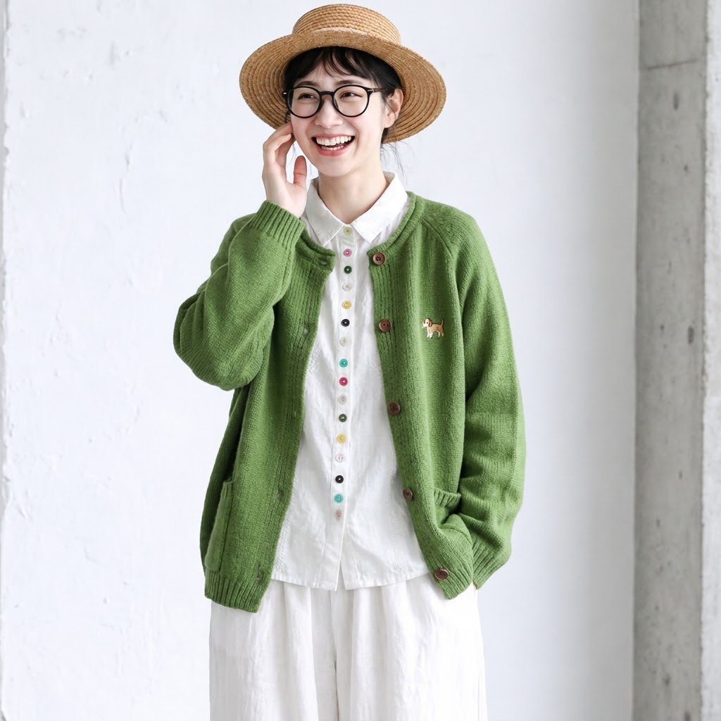 無地 ボタン 刺繍 長袖 カーディガン