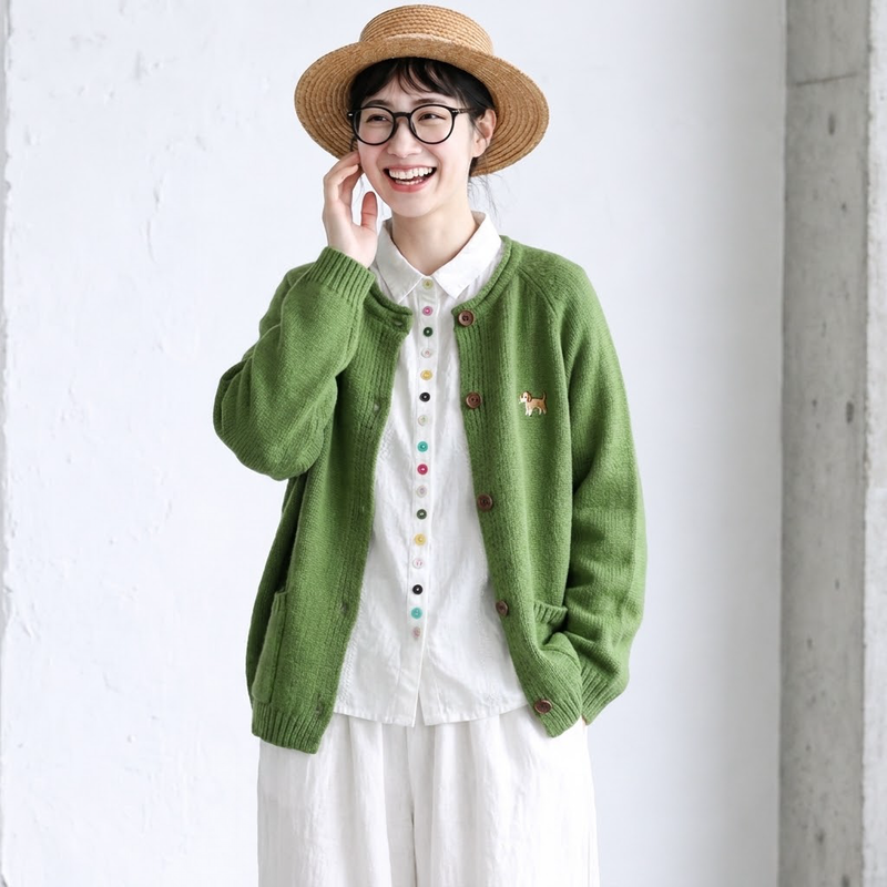 無地 ボタン 刺繍 長袖 カーディガン