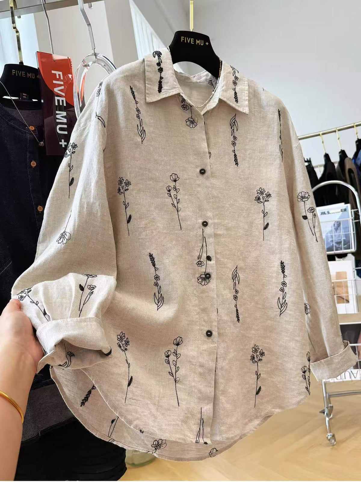 花模様 刺繍 植物 長袖 シャツ袖 シャツ