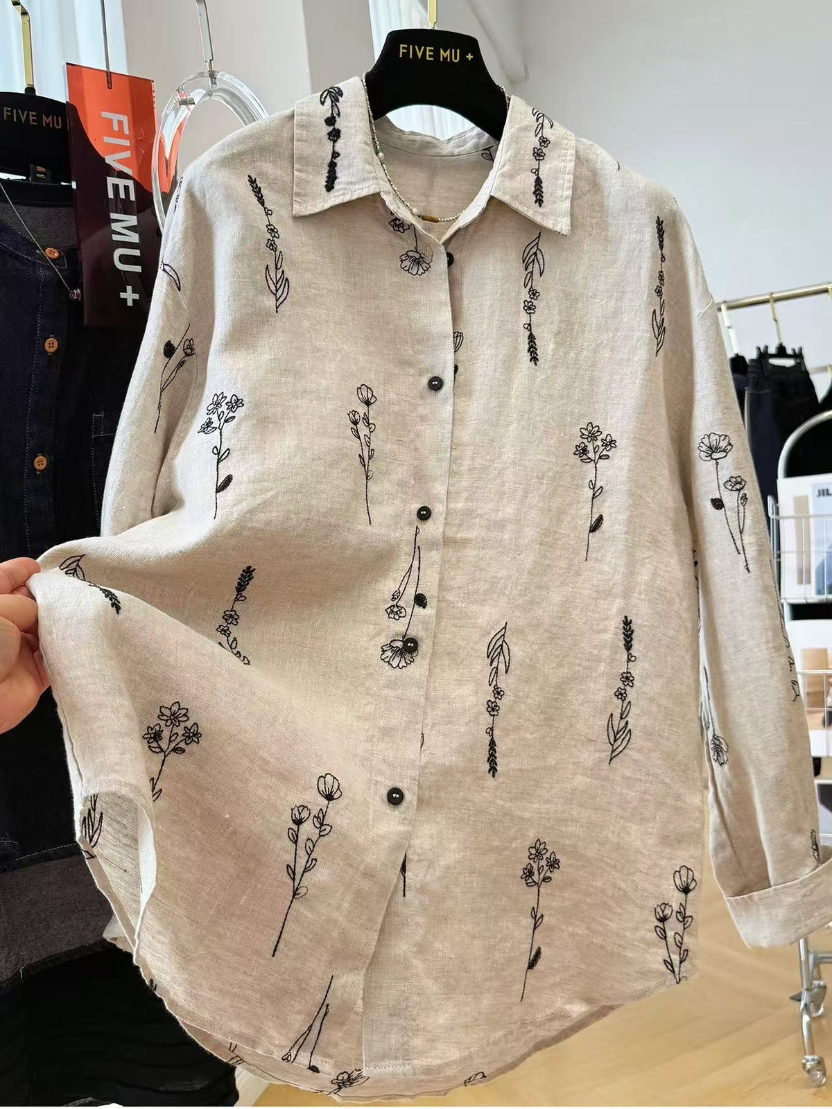 花模様 刺繍 植物 長袖 シャツ袖 シャツ