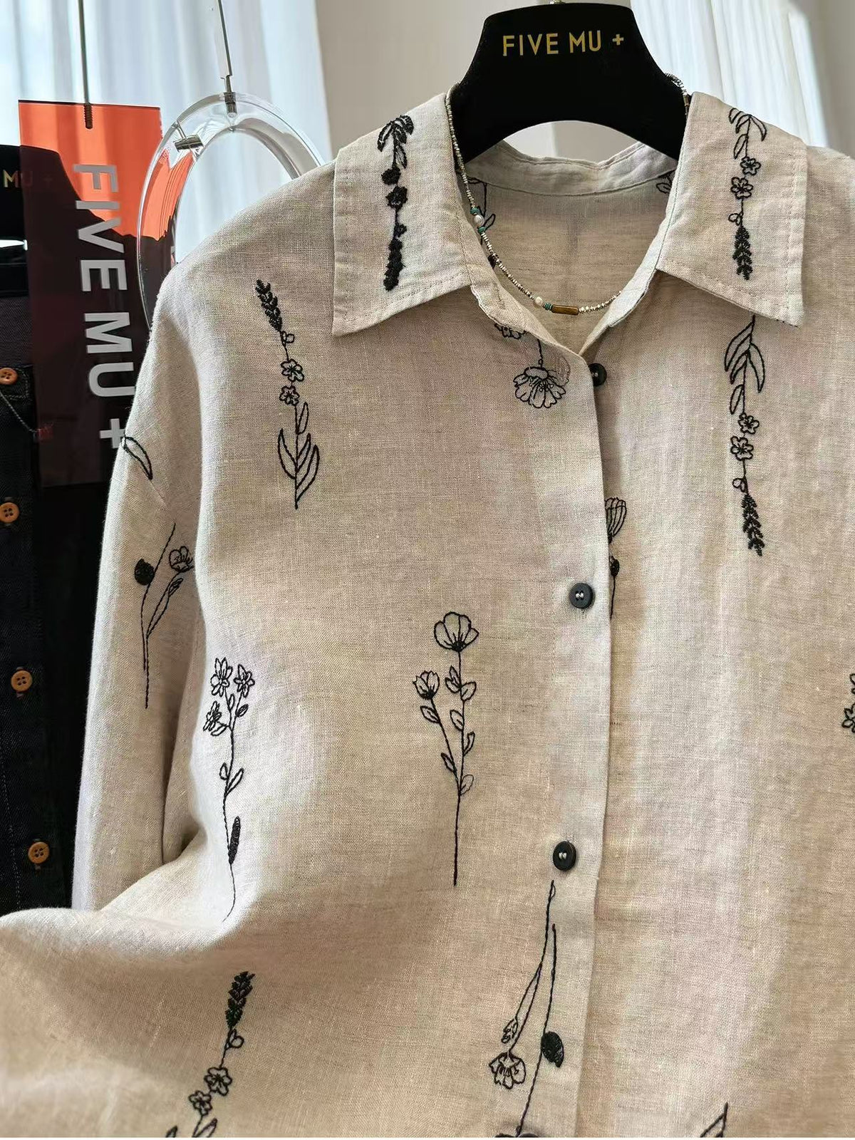 花模様 刺繍 植物 長袖 シャツ袖 シャツ