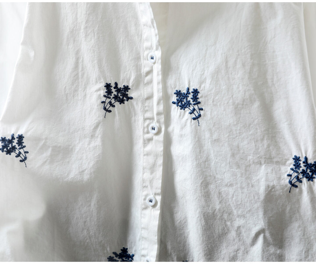 長袖 刺繍 ボタン開き 折り襟 レトロ シャツ