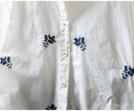 長袖 刺繍 ボタン開き 折り襟 レトロ シャツ