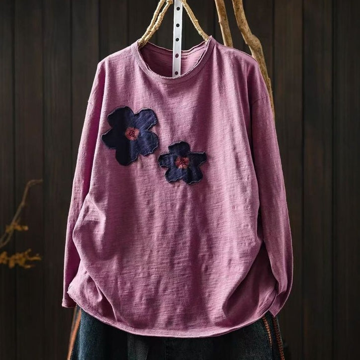 新品殺到 花模様 切り替え ラウンドネック 長袖 Tシャツ